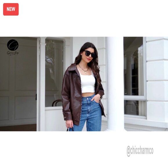 Oversized Faux Leather Bomber Jacket Motorcycle Style Zip Up Coat - Picture 7 of 7